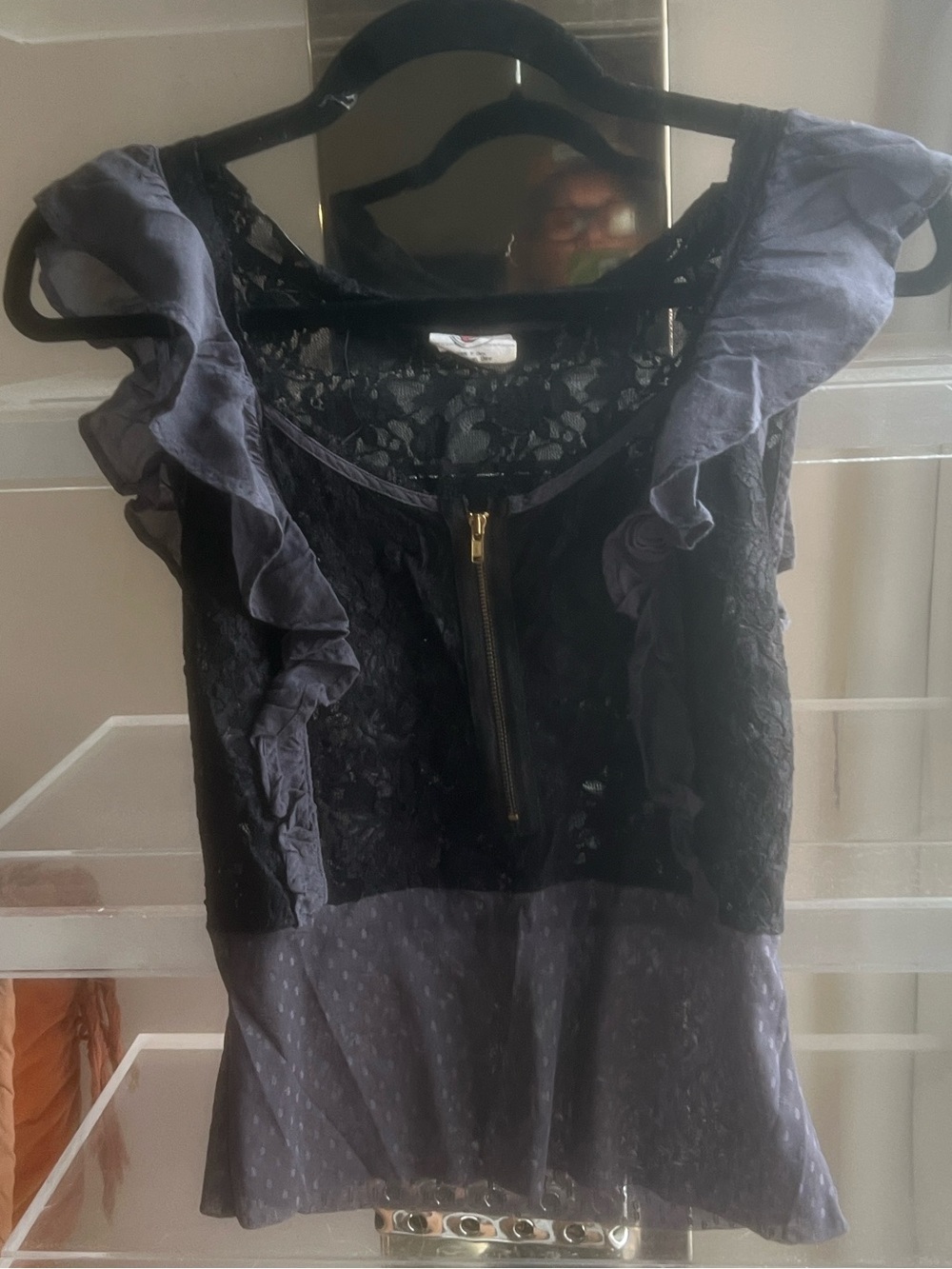 Free People Black and Charcoal Lace Ruffle Zip Front Blouse